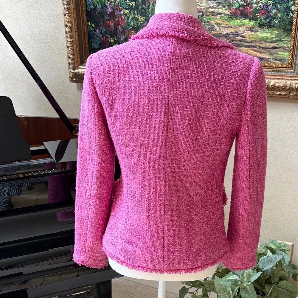 BOSTON PROPER Pink Gold Bouclé Women's Blazer Jacket Fringe Lined size 4 EUC - Picture 6 of 12